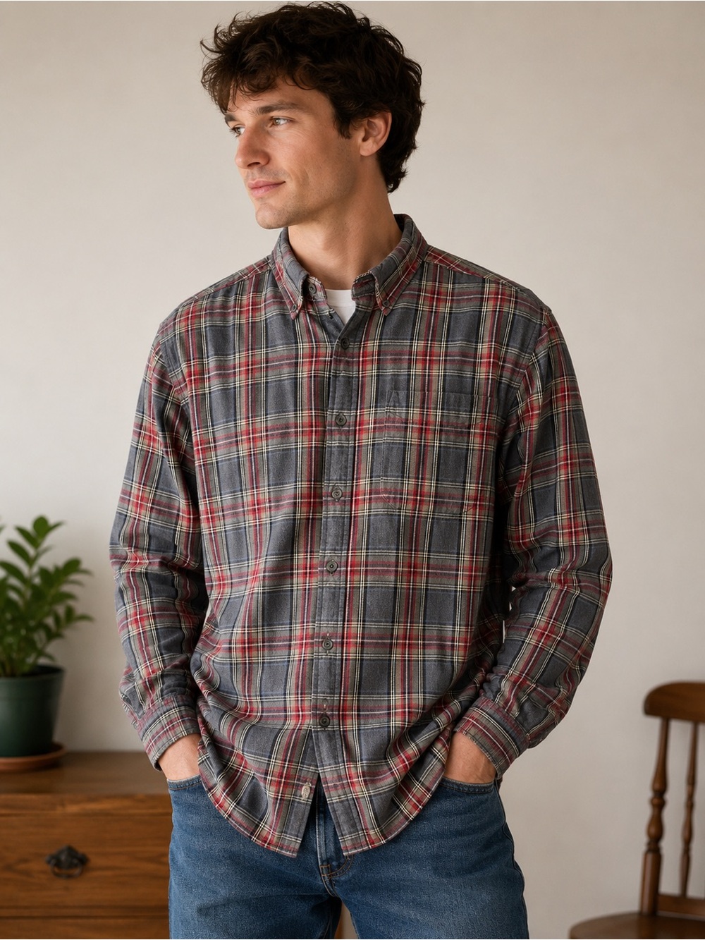 L.L.Bean gorpcore outdoor Scotch Plaid hiking Flannel Button Down Shirt L 228061